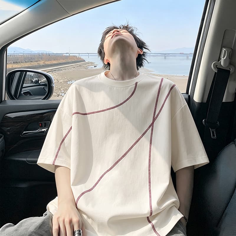 경관 그림 속도 마른 천 160 그램 반팔 티셔츠 남녀 커플룩 여름 명시적 스티치 장식 새로운 라운드 넥 맨위