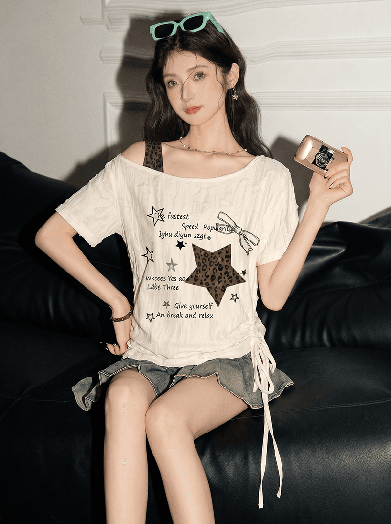경관 그림 특별 가격 지 발표 160 그램 반팔 티셔츠 여성 여름 새로운 페이크 레이어드 디자인 센스 허리 수축 비스듬한 어깨 칼라 맨위 이미지 2
