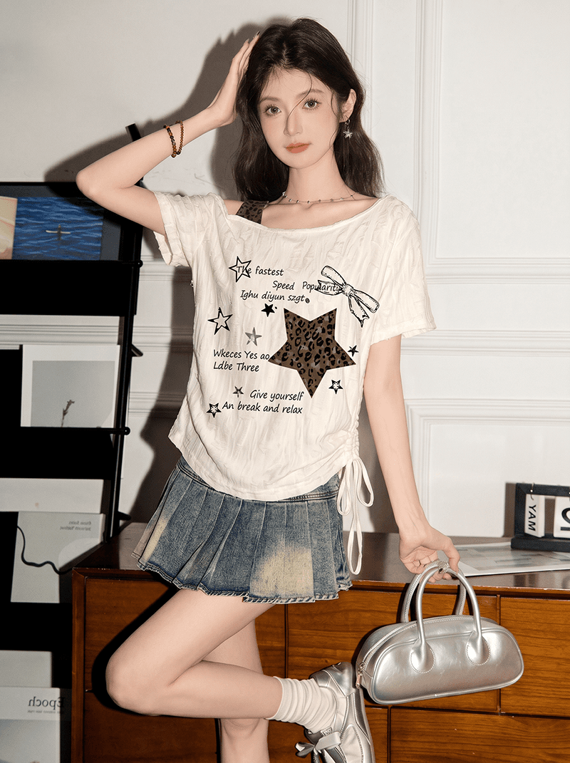 경관 그림 특별 가격 지 발표 160 그램 반팔 티셔츠 여성 여름 새로운 페이크 레이어드 디자인 센스 허리 수축 비스듬한 어깨 칼라 맨위 이미지 3
