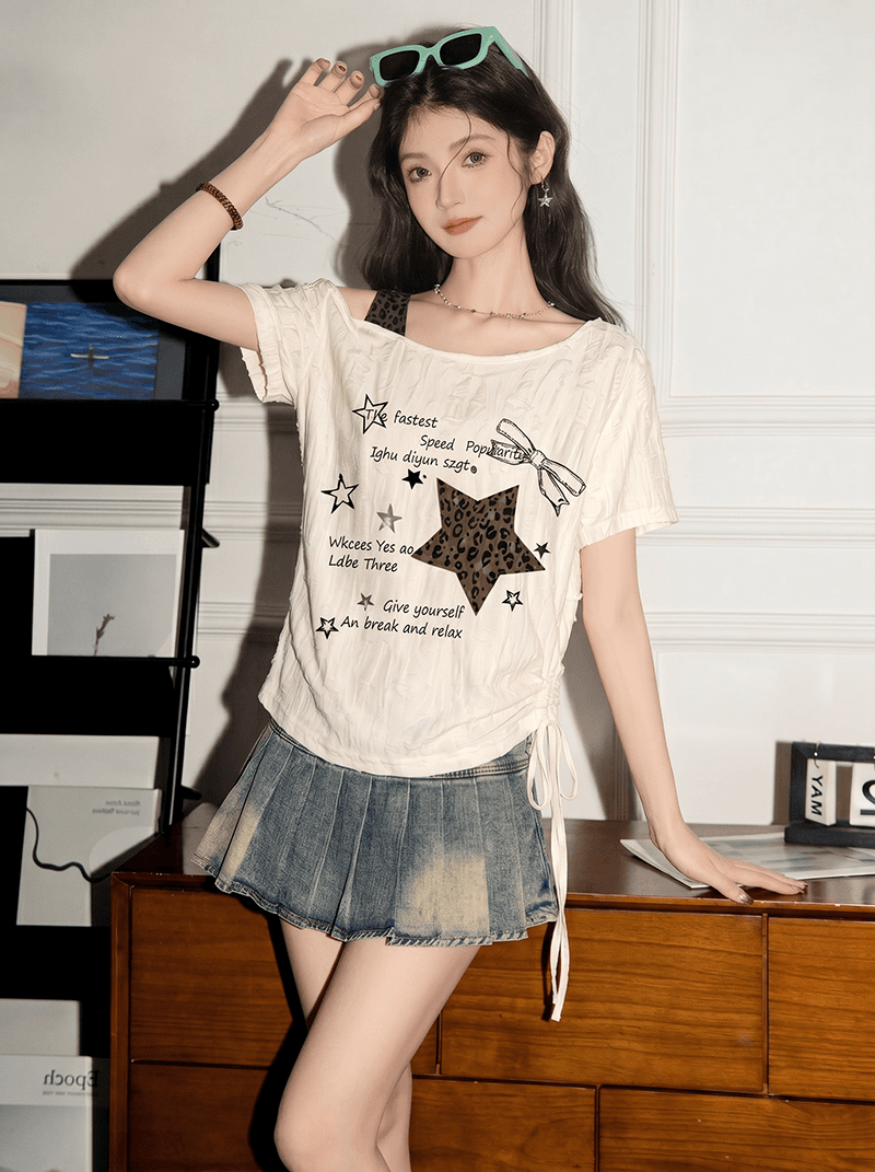 경관 그림 특별 가격 지 발표 160 그램 반팔 티셔츠 여성 여름 새로운 페이크 레이어드 디자인 센스 허리 수축 비스듬한 어깨 칼라 맨위 상세 이미지 6