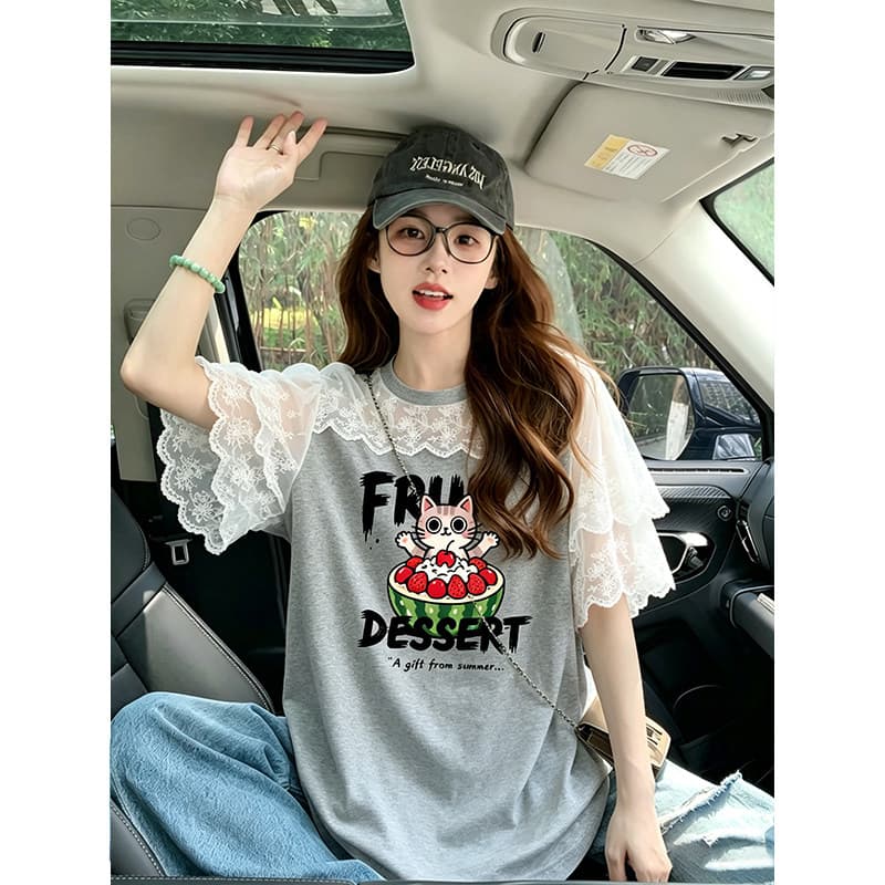 경관 그림 순면 220 그램 반팔 티셔츠 여성 의류 여름 루즈핏 한 부서 달콤함 레이스 조각 라운드 넥 맨위 상세 이미지 4