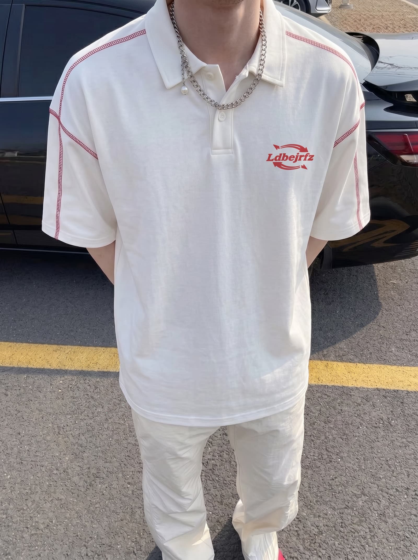경관 그림 220 그램 순면 반팔 티셔츠 남녀 커플룩 여름 명시적 스티치 장식 새로운 POLO 칼라 맨위 이미지 2