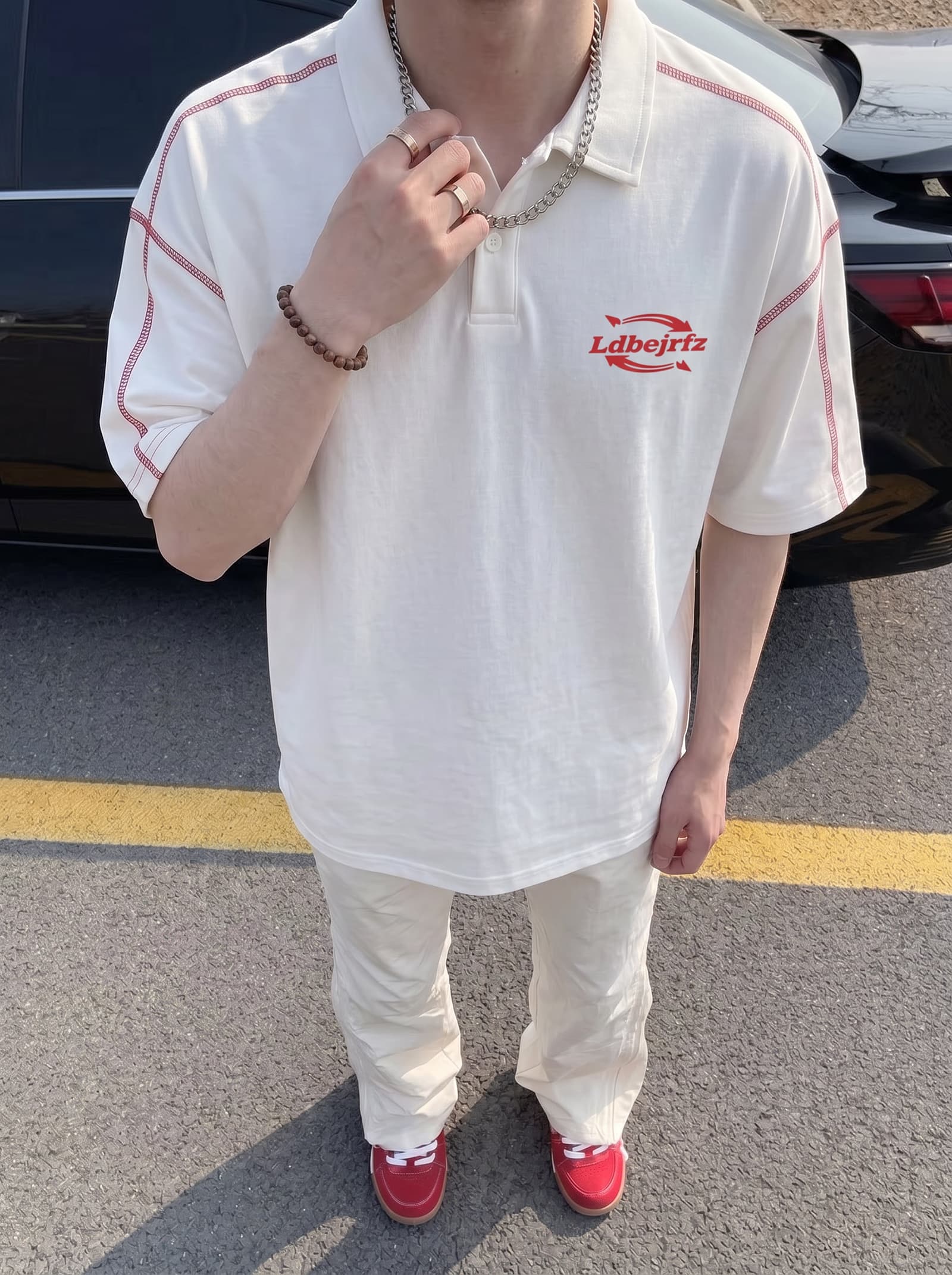 경관 그림 220 그램 순면 반팔 티셔츠 남녀 커플룩 여름 명시적 스티치 장식 새로운 POLO 칼라 맨위 이미지 4