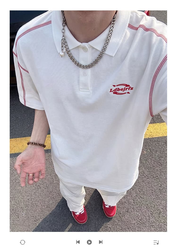 경관 그림 220 그램 순면 반팔 티셔츠 남녀 커플룩 여름 명시적 스티치 장식 새로운 POLO 칼라 맨위 상세 이미지 1
