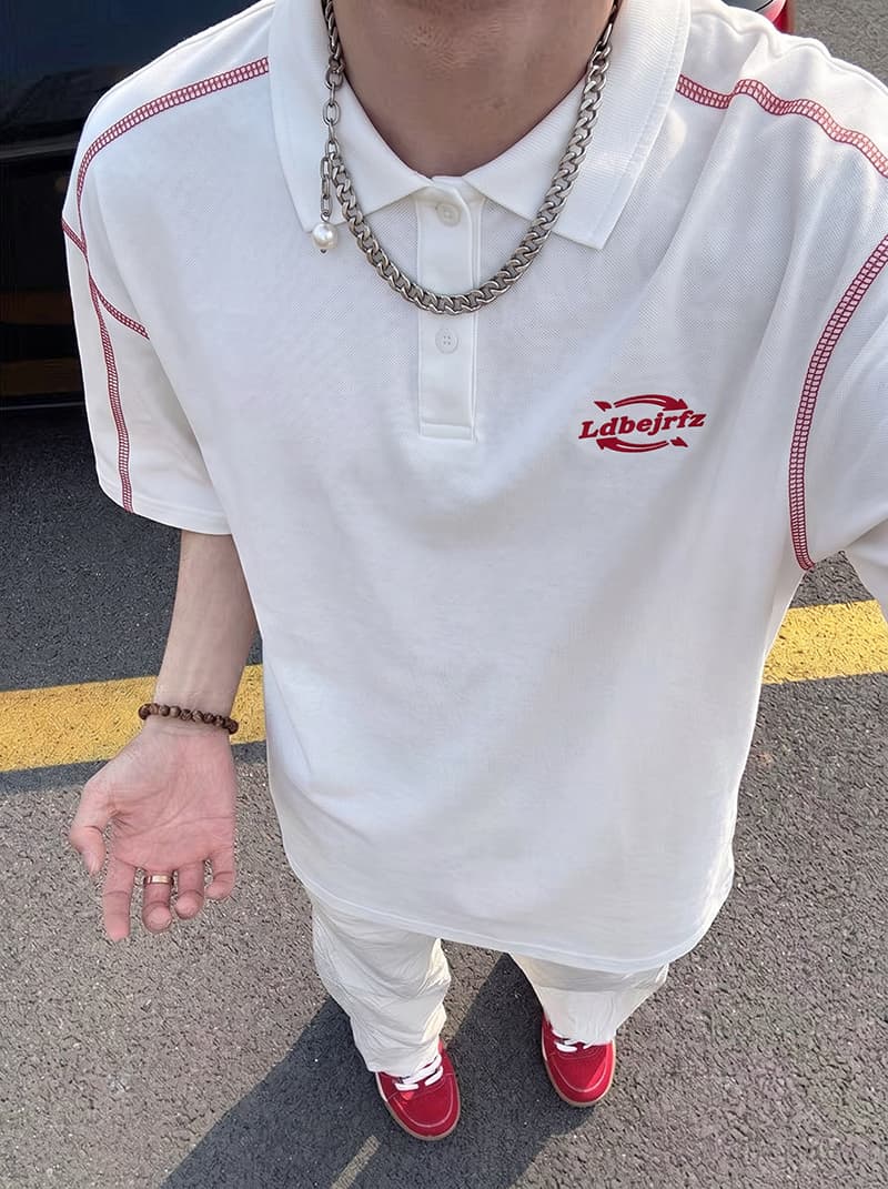 경관 그림 220 그램 순면 반팔 티셔츠 남녀 커플룩 여름 명시적 스티치 장식 새로운 POLO 칼라 맨위 상세 이미지 5