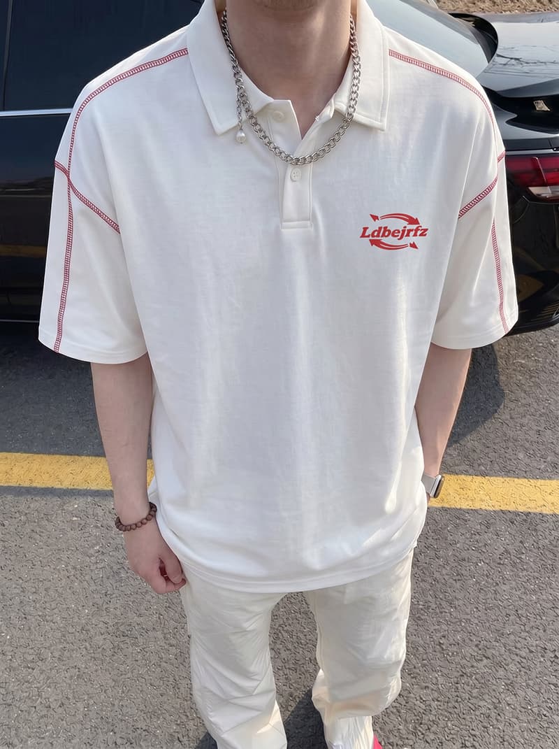 경관 그림 220 그램 순면 반팔 티셔츠 남녀 커플룩 여름 명시적 스티치 장식 새로운 POLO 칼라 맨위 상세 이미지 6