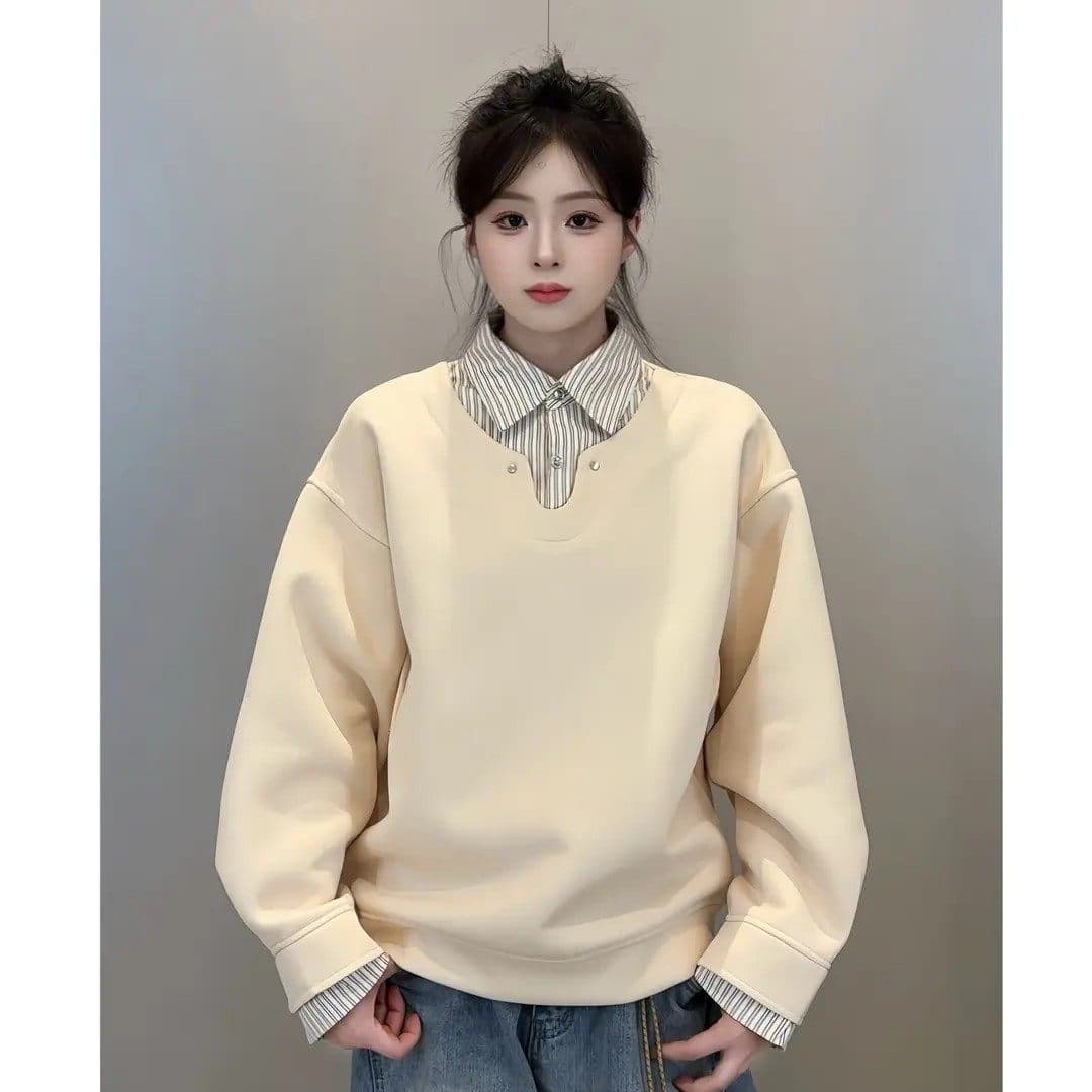 경관 그림 얇은 스타일 조수 브랜드 남녀 커플 후드티 봄 가을 새로운 패치워크 페이크 레이어드 스트라이프 셔츠 칼라 맨위 이미지 5