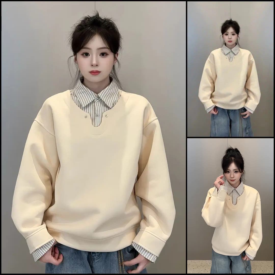 경관 그림 얇은 스타일 조수 브랜드 남녀 커플 후드티 봄 가을 새로운 패치워크 페이크 레이어드 스트라이프 셔츠 칼라 맨위 상세 이미지 2