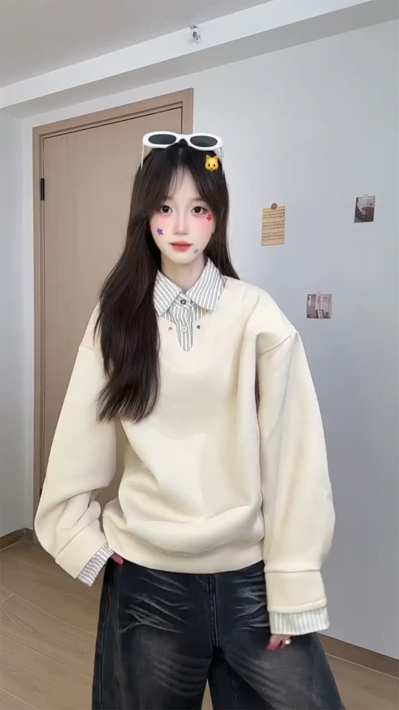 경관 그림 얇은 스타일 조수 브랜드 남녀 커플 후드티 봄 가을 새로운 패치워크 페이크 레이어드 스트라이프 셔츠 칼라 맨위 상세 이미지 2