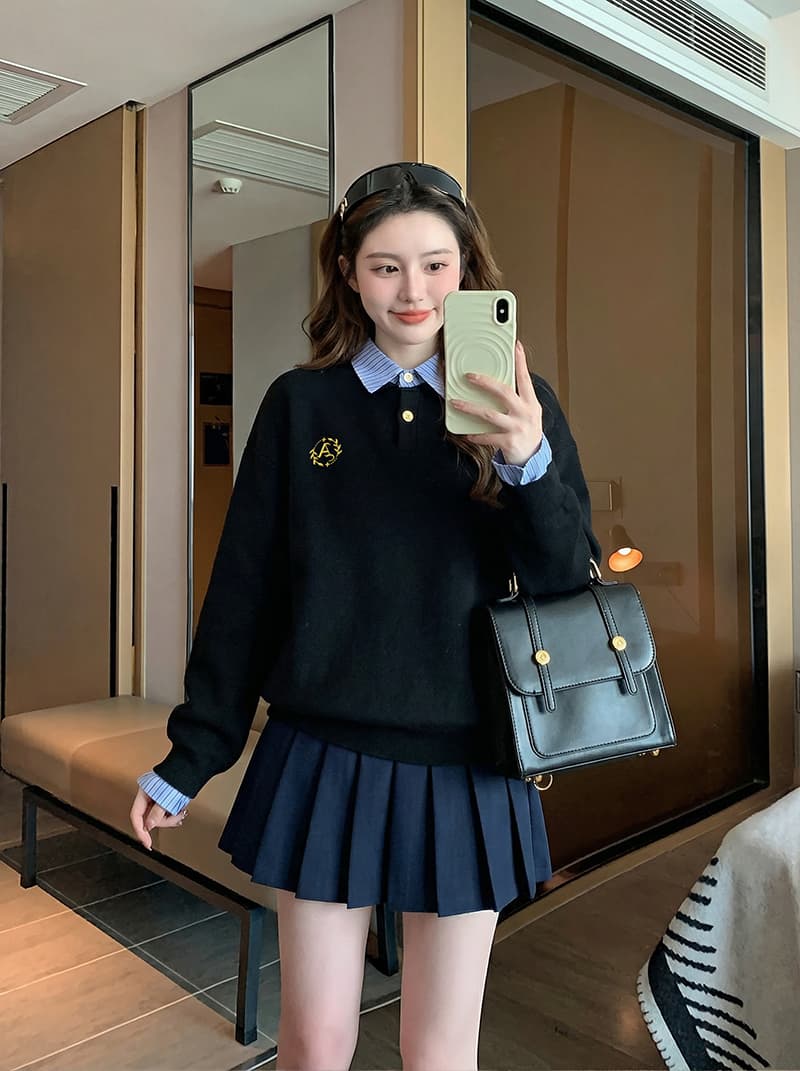 경관 그림 얇은 스타일 후드티 여성 가시 자수 봄 가을 새로운 한 부서 패치워크 루즈핏 페이크 레이어드 셔츠 칼라 맨위 이미지 3