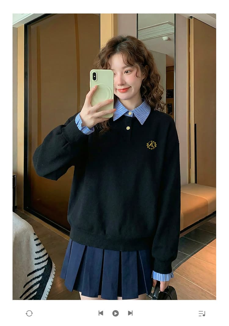 경관 그림 얇은 스타일 후드티 여성 가시 자수 봄 가을 새로운 한 부서 패치워크 루즈핏 페이크 레이어드 셔츠 칼라 맨위 상세 이미지 1