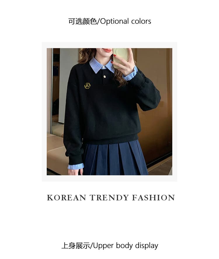 경관 그림 얇은 스타일 후드티 여성 가시 자수 봄 가을 새로운 한 부서 패치워크 루즈핏 페이크 레이어드 셔츠 칼라 맨위 상세 이미지 4