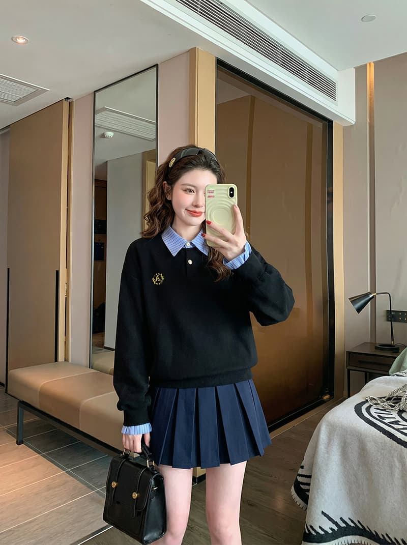 경관 그림 얇은 스타일 후드티 여성 가시 자수 봄 가을 새로운 한 부서 패치워크 루즈핏 페이크 레이어드 셔츠 칼라 맨위 상세 이미지 8