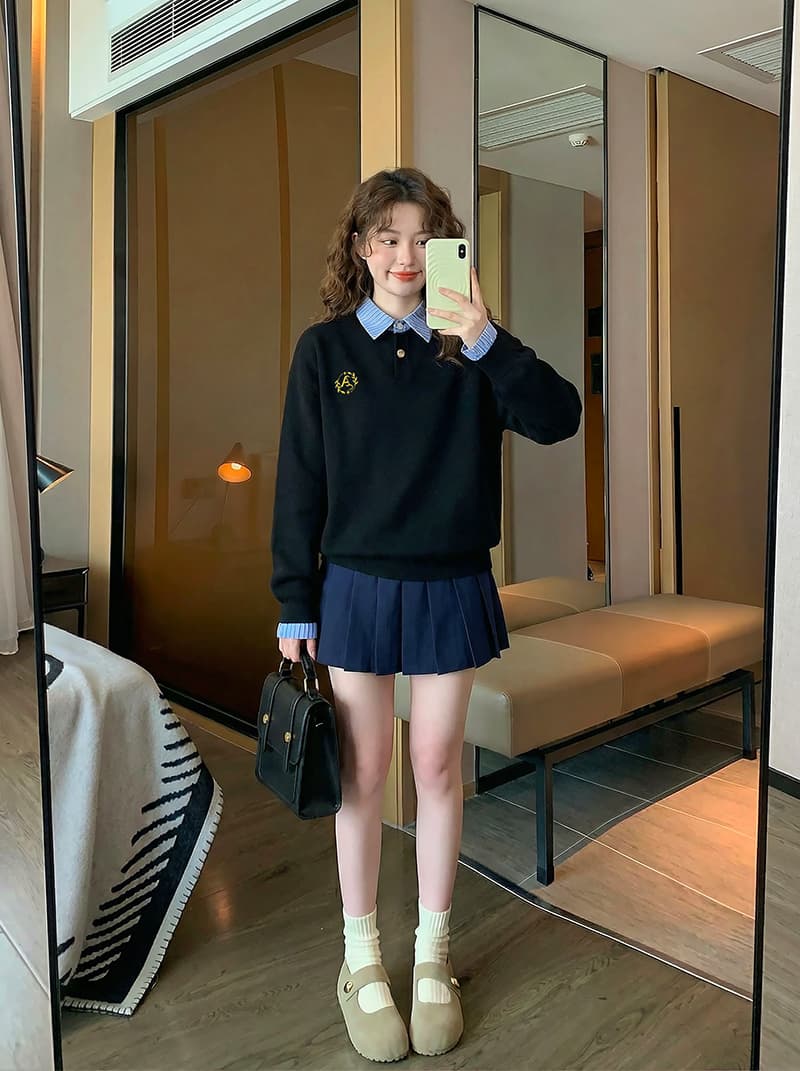 경관 그림 얇은 스타일 후드티 여성 가시 자수 봄 가을 새로운 한 부서 패치워크 루즈핏 페이크 레이어드 셔츠 칼라 맨위 상세 이미지 11