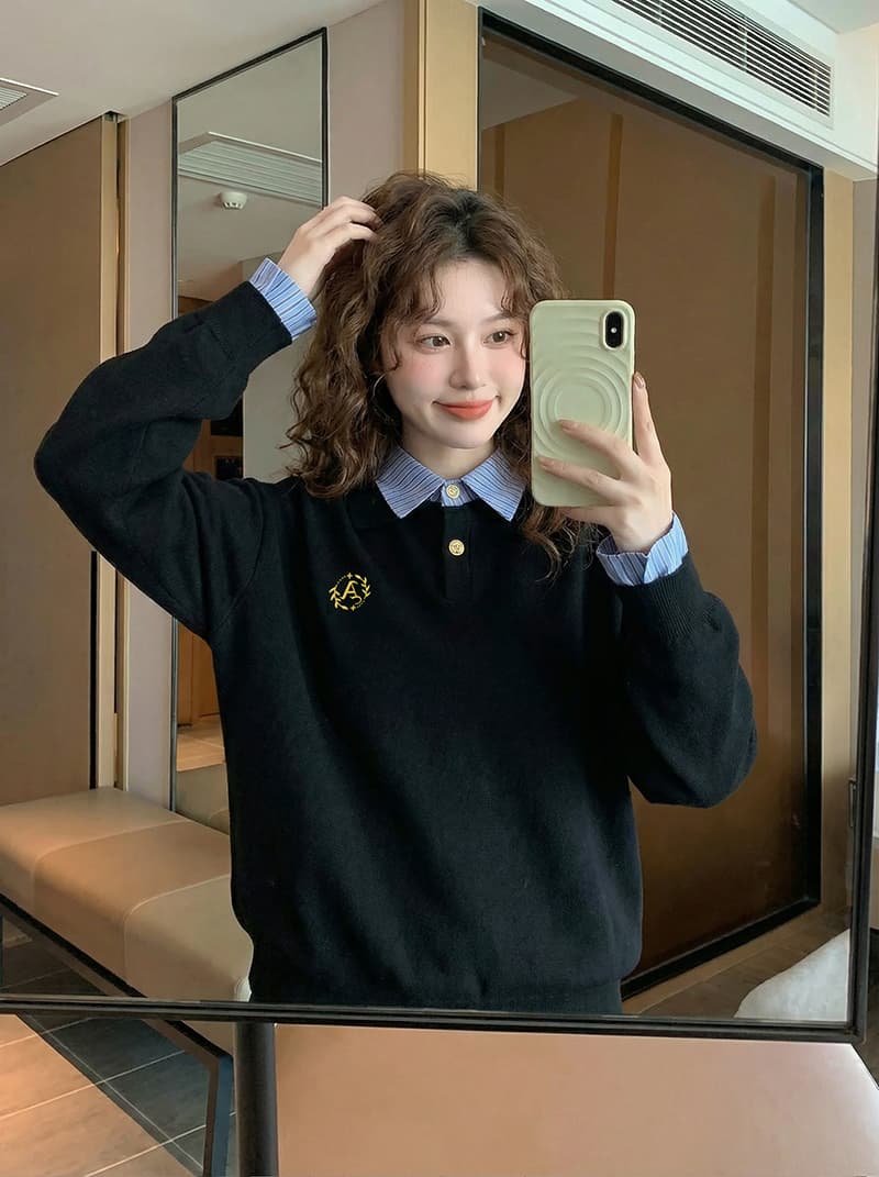 경관 그림 얇은 스타일 후드티 여성 가시 자수 봄 가을 새로운 한 부서 패치워크 루즈핏 페이크 레이어드 셔츠 칼라 맨위 상세 이미지 13