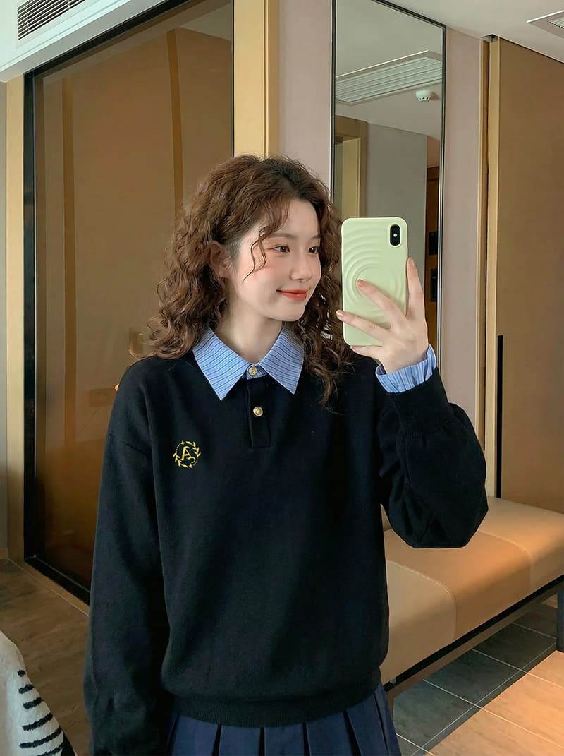 경관 그림 얇은 스타일 후드티 여성 가시 자수 봄 가을 새로운 한 부서 패치워크 루즈핏 페이크 레이어드 셔츠 칼라 맨위 상세 이미지 14