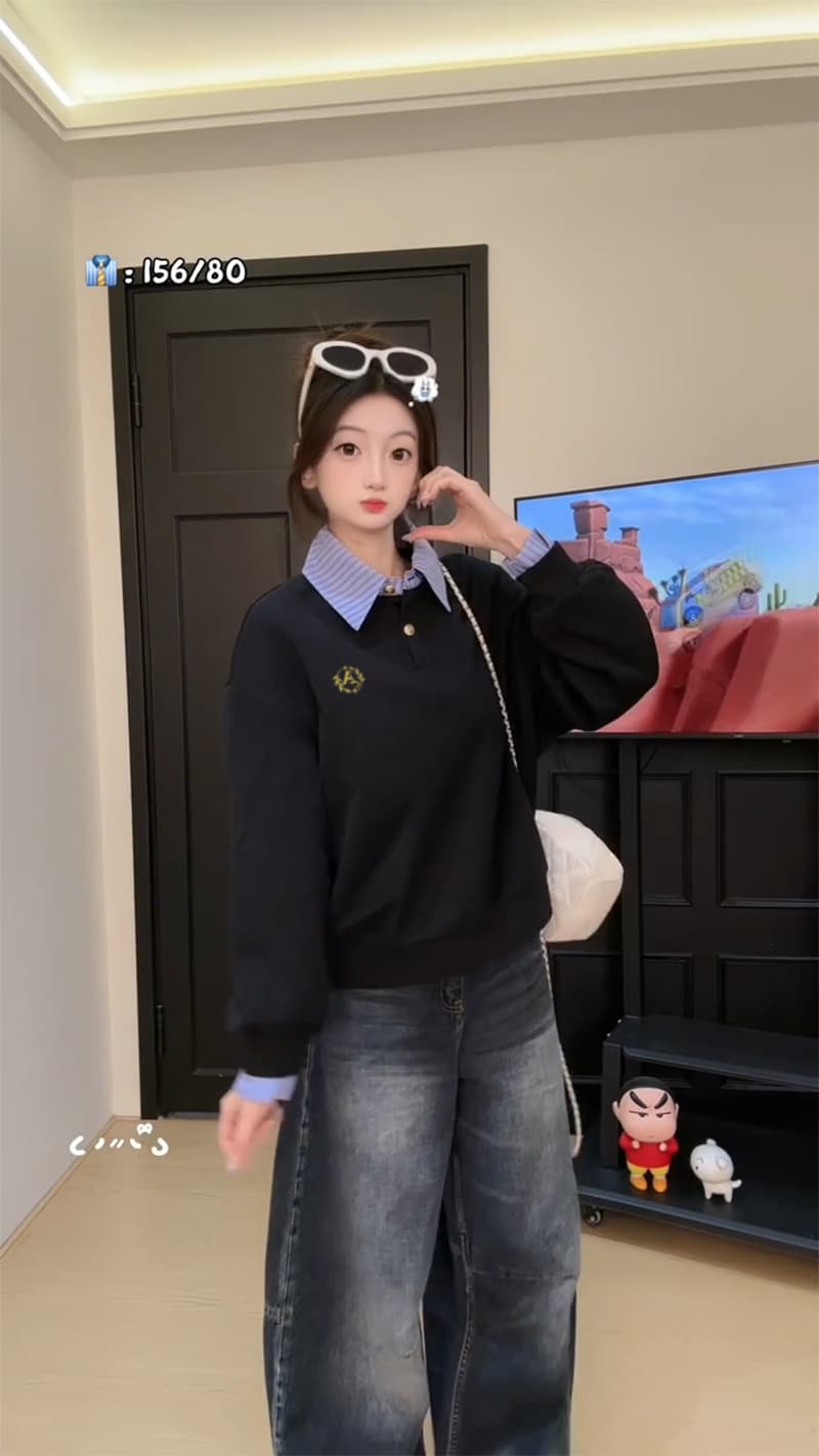 경관 그림 얇은 스타일 후드티 여성 가시 자수 봄 가을 새로운 한 부서 패치워크 루즈핏 페이크 레이어드 셔츠 칼라 맨위 이미지 3