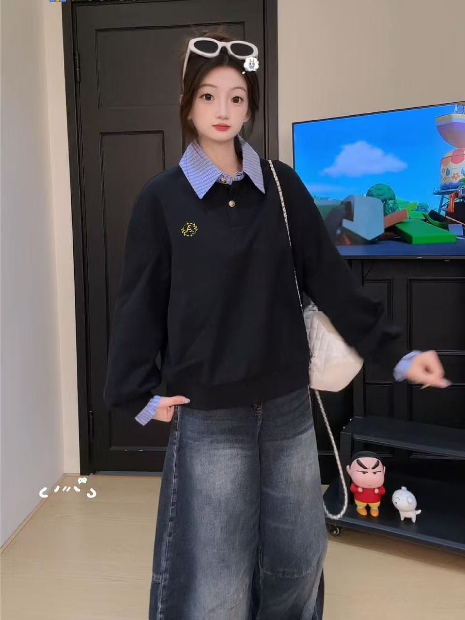 경관 그림 얇은 스타일 후드티 여성 가시 자수 봄 가을 새로운 한 부서 패치워크 루즈핏 페이크 레이어드 셔츠 칼라 맨위 이미지 2