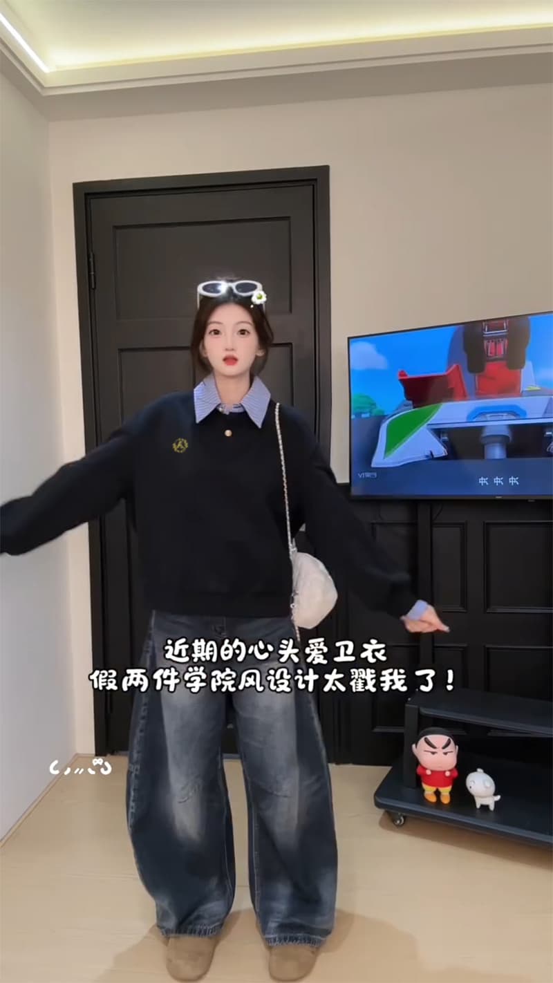 경관 그림 얇은 스타일 후드티 여성 가시 자수 봄 가을 새로운 한 부서 패치워크 루즈핏 페이크 레이어드 셔츠 칼라 맨위 상세 이미지 3