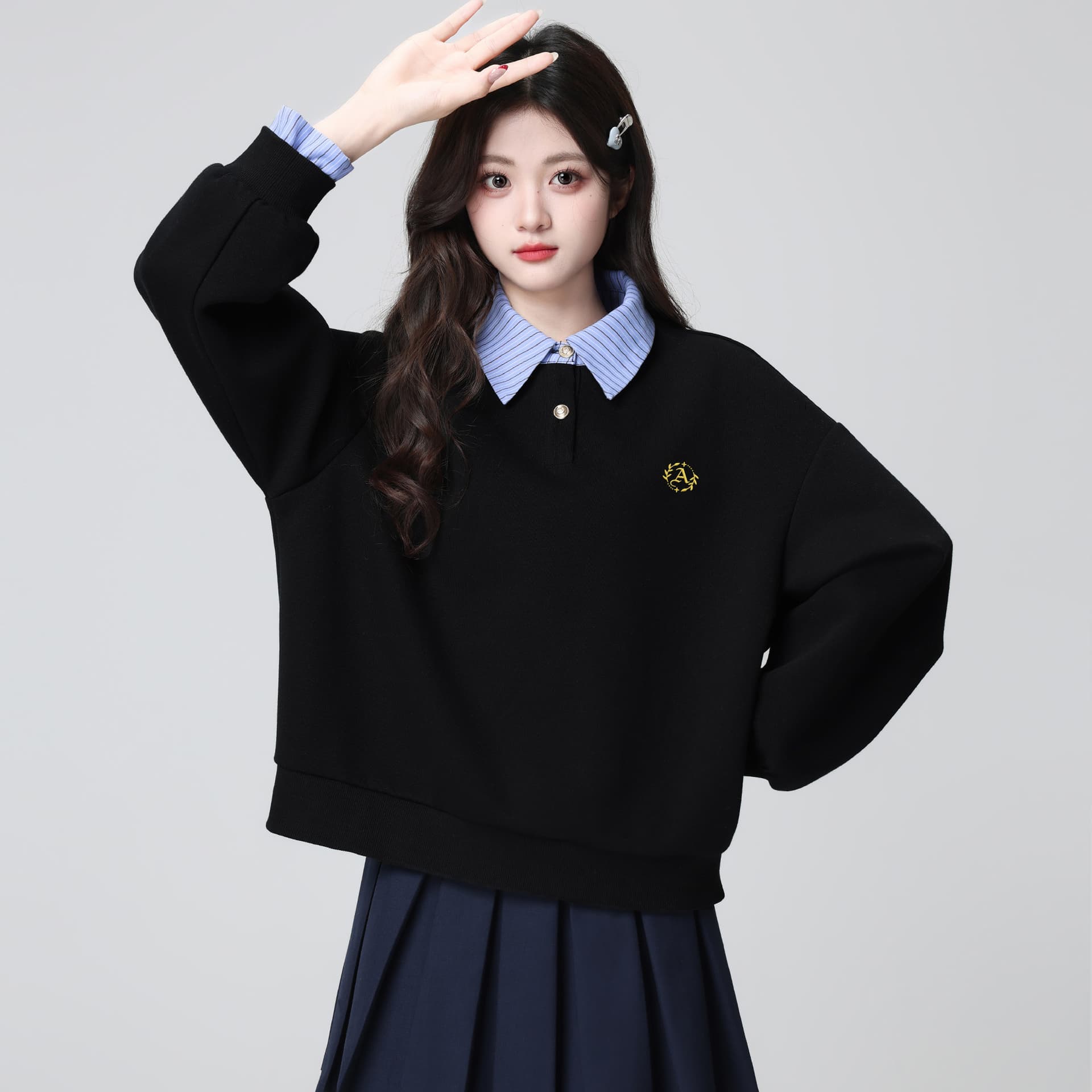 경관 그림 얇은 스타일 후드티 여성 가시 자수 봄 가을 새로운 한 부서 패치워크 루즈핏 페이크 레이어드 셔츠 칼라 맨위 이미지 2