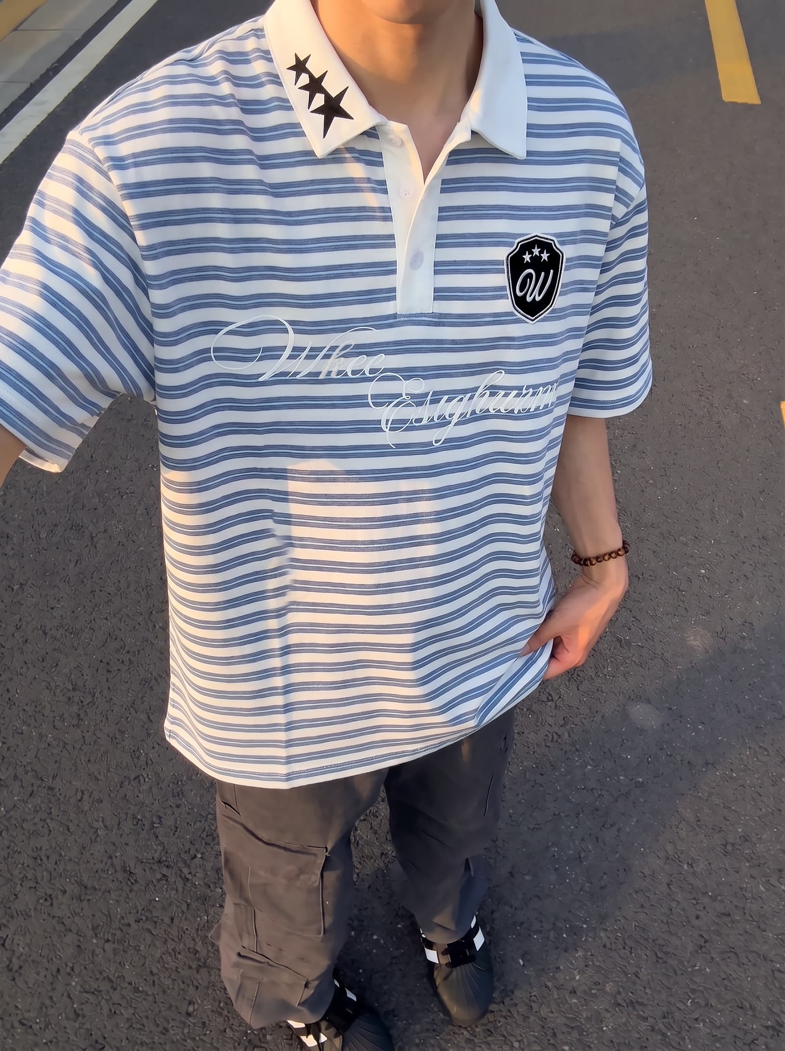 경관 그림 면 당겨 프레임 반팔 티셔츠 남녀 커플룩 여름 새로운 루즈핏 가시 자수 POLO 칼라 맨위 이미지 2