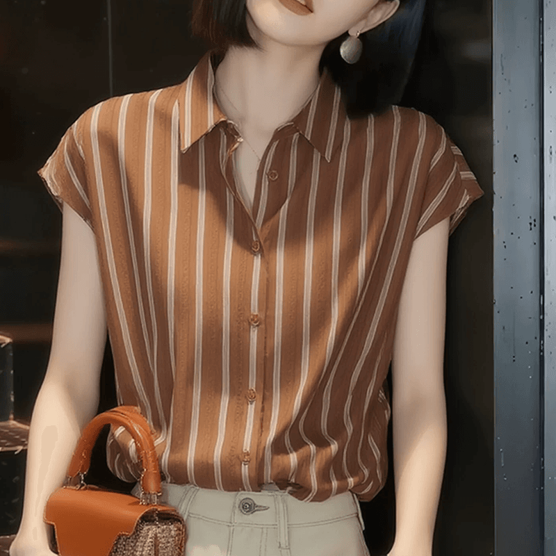 pllfs 항구 바람 스트라이프 폴로 칼라 싱글 줄 버튼 여성 셔츠 품격 출퇴근 루즈핏 슬림해 보이는 다용도 캐주얼 맨위 트렌디 상세 이미지 2