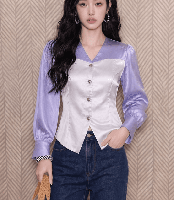 프랑스식 빛 럭셔리 바람 단추 패치워크 색상 긴팔 여성 셔츠 2026 가을 허리 수축 슬림해 보이는 고급 외국 가스 연령 감소 맨위 상세 이미지 1