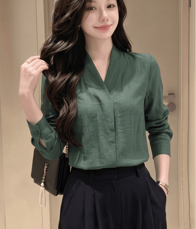 한 부서 빛 요리 한 바람 레트로 디스플레이 화이트 녹색 V넥 긴팔 여성 셔츠 2026 가을 미니멀리즘 슬림해 보이는 일상 맨위 이미지 2
