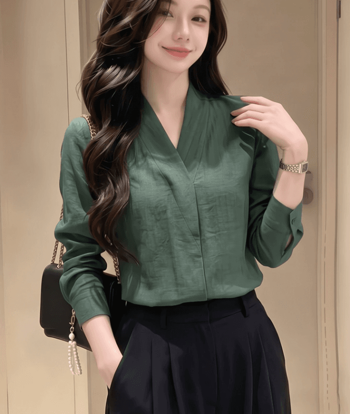 한 부서 빛 요리 한 바람 레트로 디스플레이 화이트 녹색 V넥 긴팔 여성 셔츠 2026 가을 미니멀리즘 슬림해 보이는 일상 맨위 이미지 3