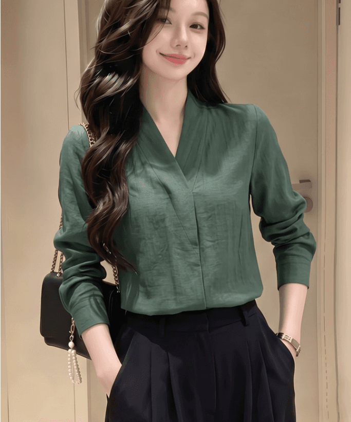한 부서 빛 요리 한 바람 레트로 디스플레이 화이트 녹색 V넥 긴팔 여성 셔츠 2026 가을 미니멀리즘 슬림해 보이는 일상 맨위 이미지 4