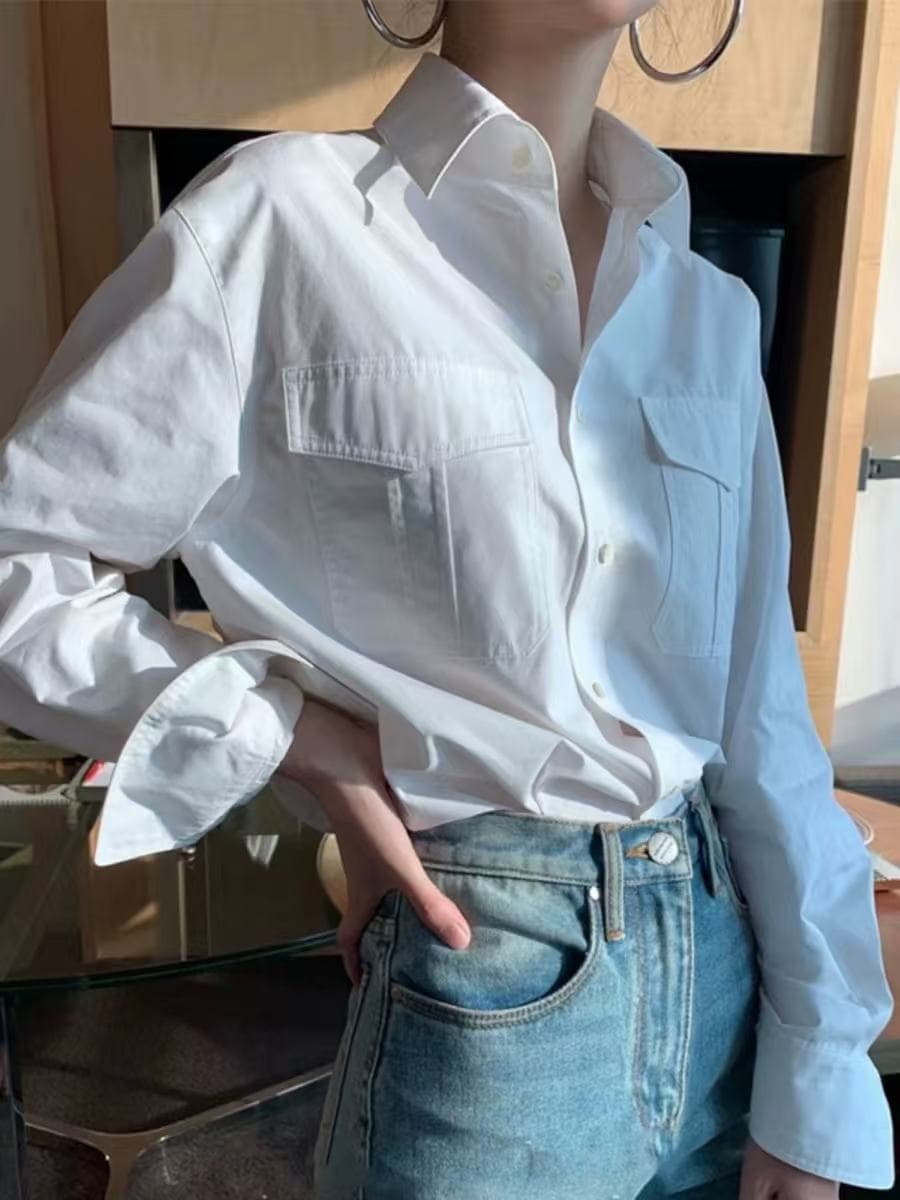 봄 가을 워크웨어 바람 캐주얼 순면 화이트 여성 셔츠 디자인 센스 작은 대중 chic 루즈핏 슬림해 보이는 스택 착용 셔츠 이미지 2