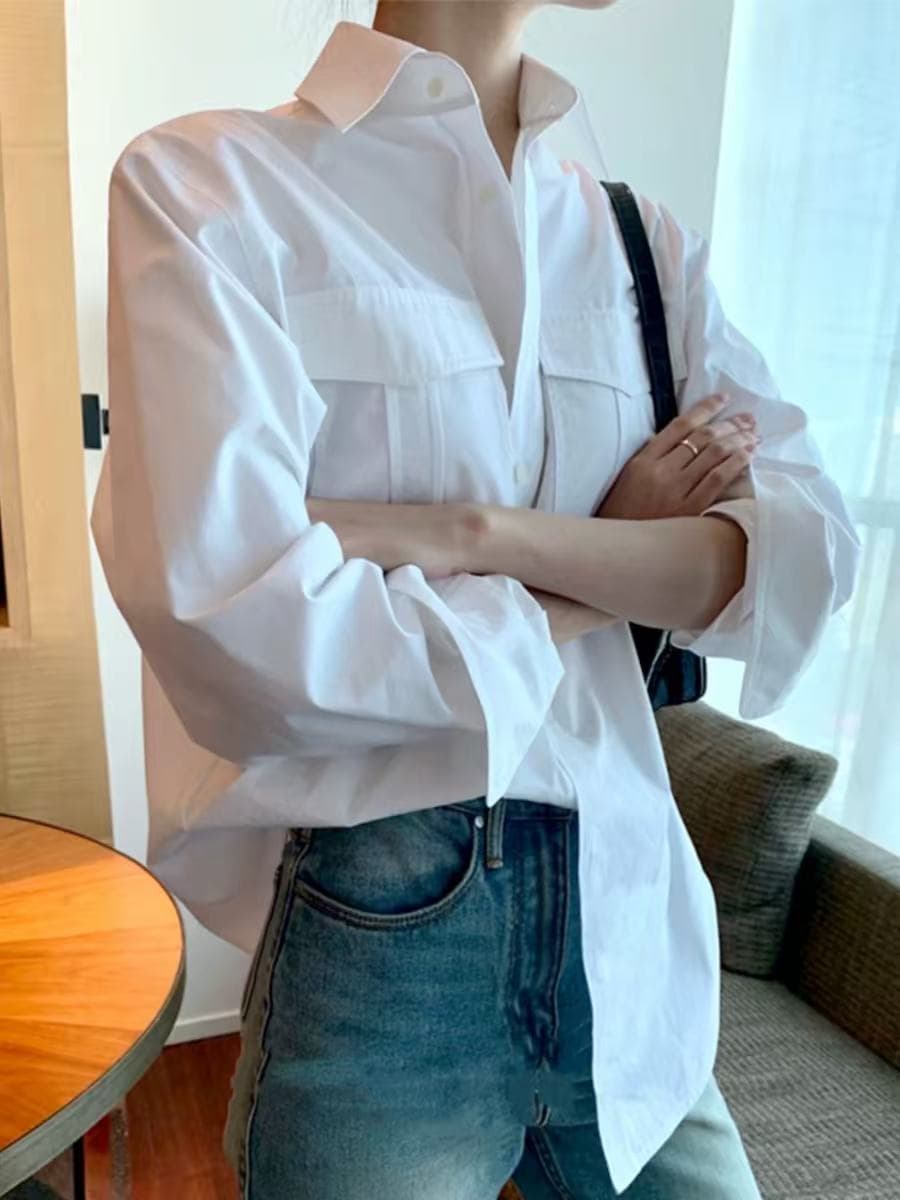 봄 가을 워크웨어 바람 캐주얼 순면 화이트 여성 셔츠 디자인 센스 작은 대중 chic 루즈핏 슬림해 보이는 스택 착용 셔츠 이미지 3