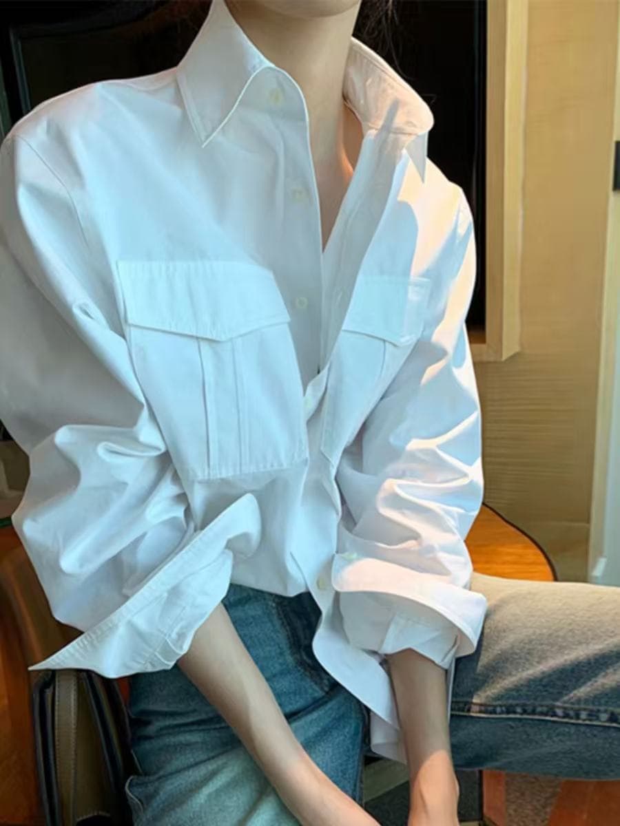 봄 가을 워크웨어 바람 캐주얼 순면 화이트 여성 셔츠 디자인 센스 작은 대중 chic 루즈핏 슬림해 보이는 스택 착용 셔츠 상세 이미지 1