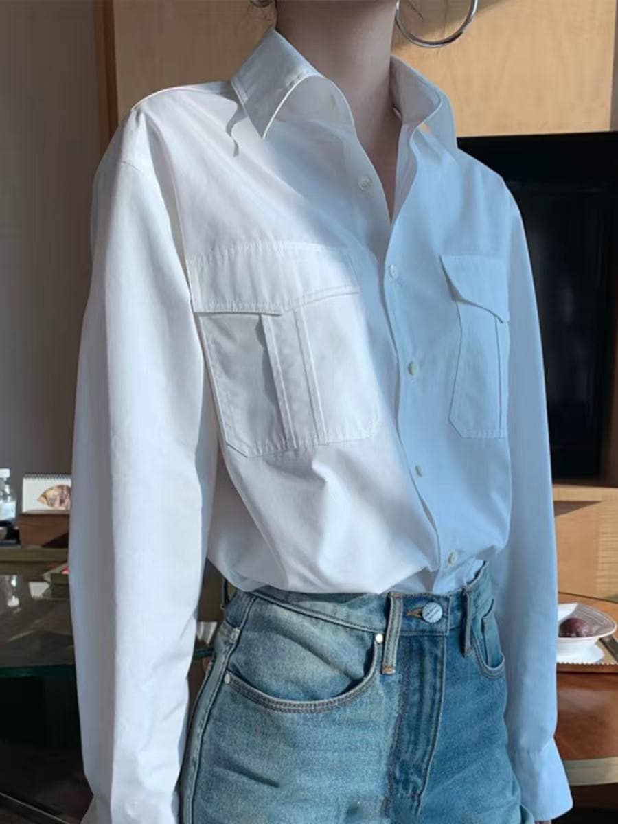 봄 가을 워크웨어 바람 캐주얼 순면 화이트 여성 셔츠 디자인 센스 작은 대중 chic 루즈핏 슬림해 보이는 스택 착용 셔츠 상세 이미지 4