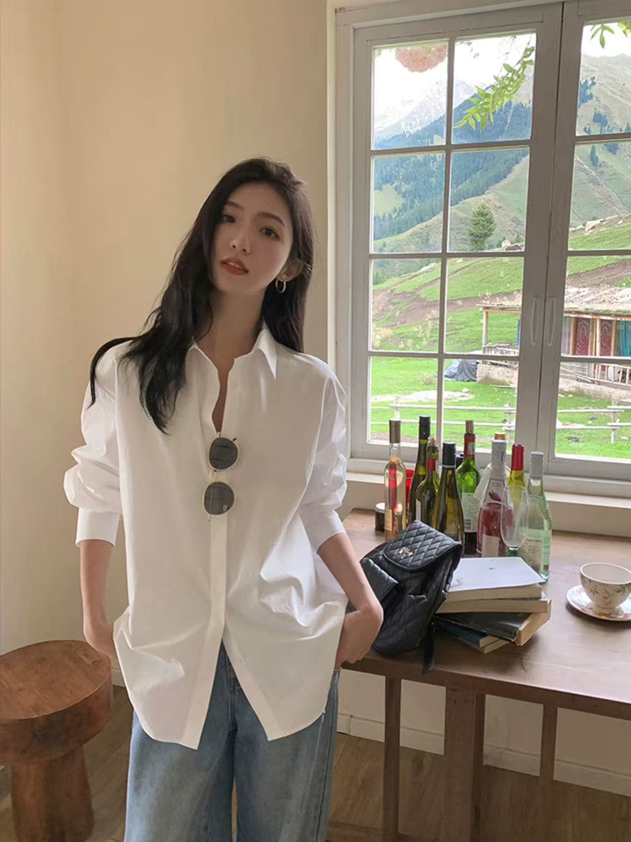 화이트 긴팔 여성 셔츠 봄 가을 새로운 루즈핏 캐주얼 맨위 기초 섹션 순면 셔츠 상세 이미지 3