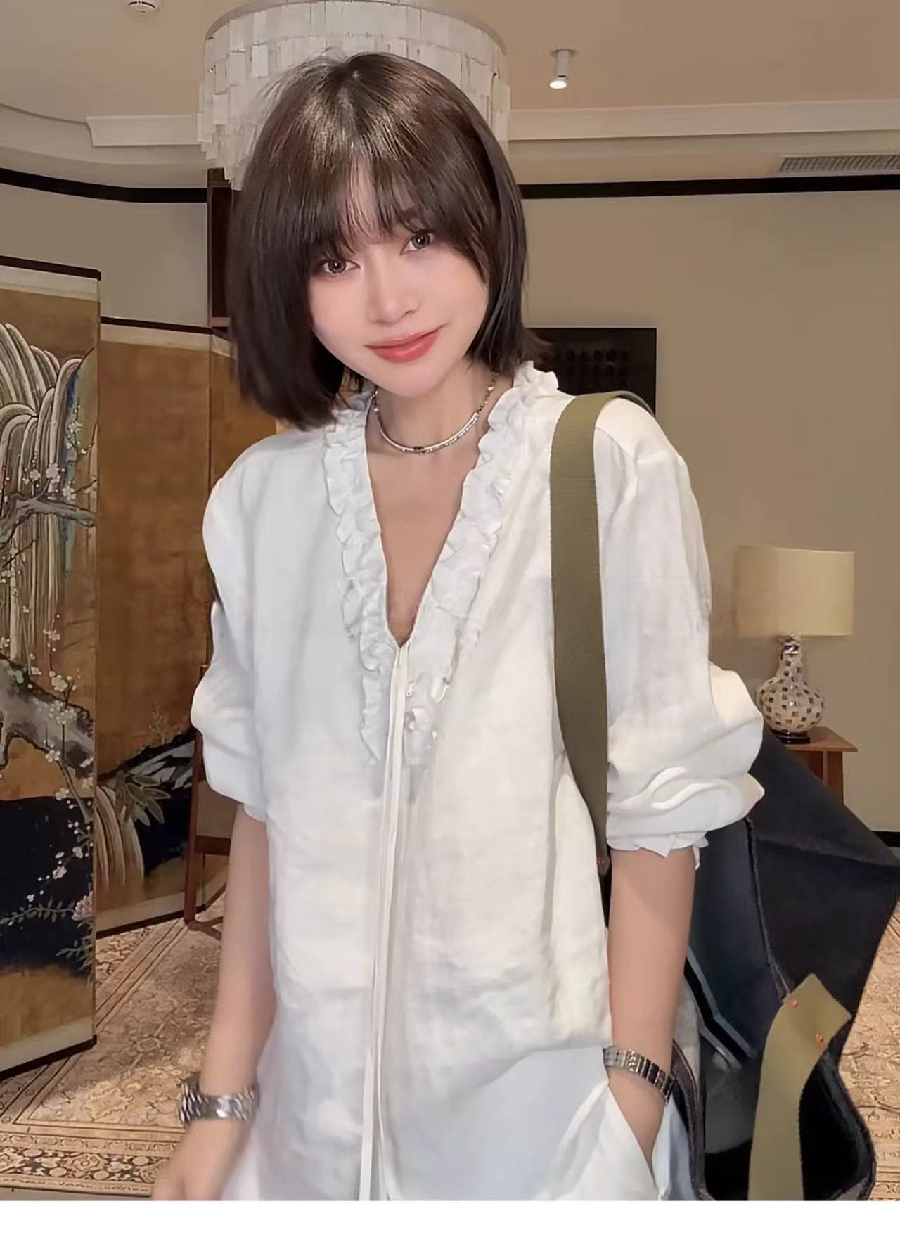 홋카이도 사랑 한 마 이른 봄 프랑스식 우아함 V넥 슬림해 보이는 레이스 셔츠 이미지 2