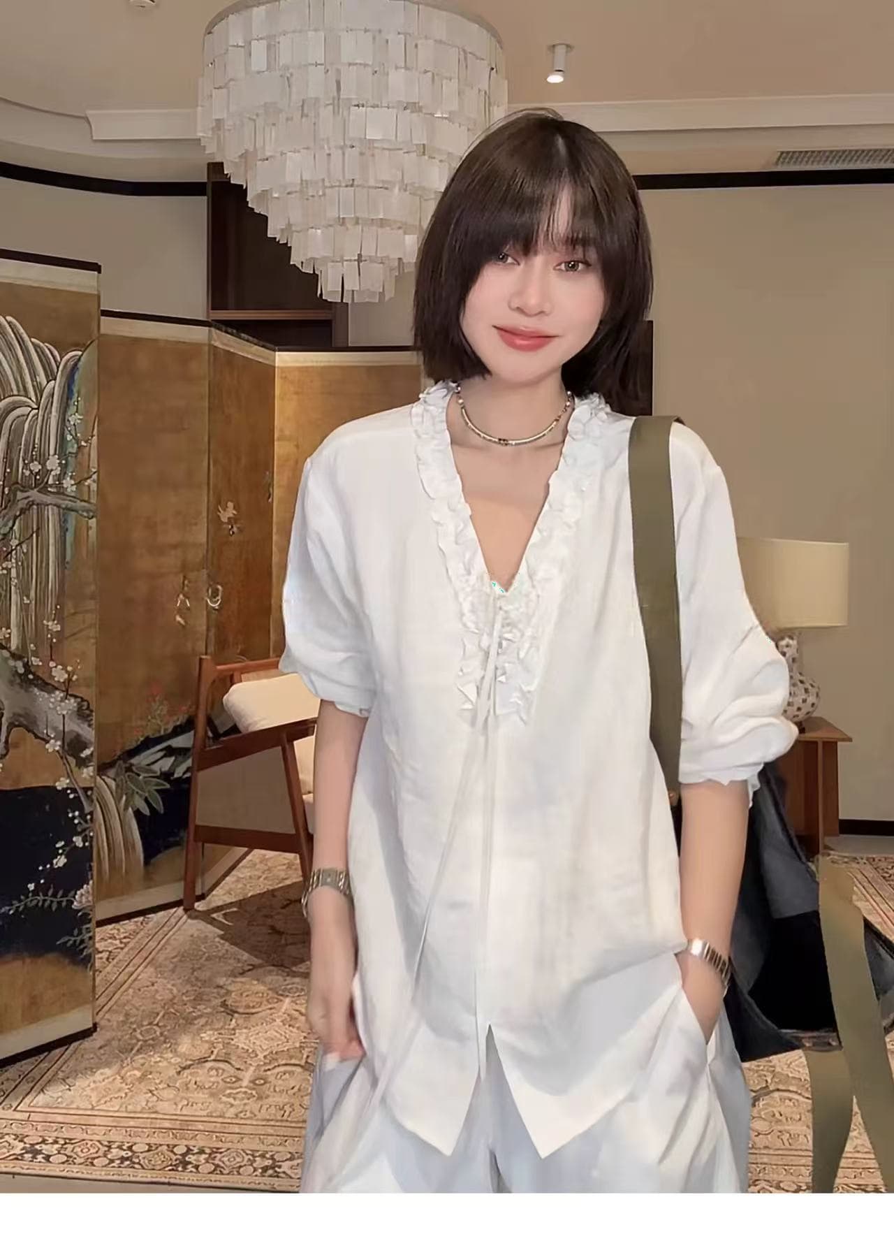 홋카이도 사랑 한 마 이른 봄 프랑스식 우아함 V넥 슬림해 보이는 레이스 셔츠 이미지 4