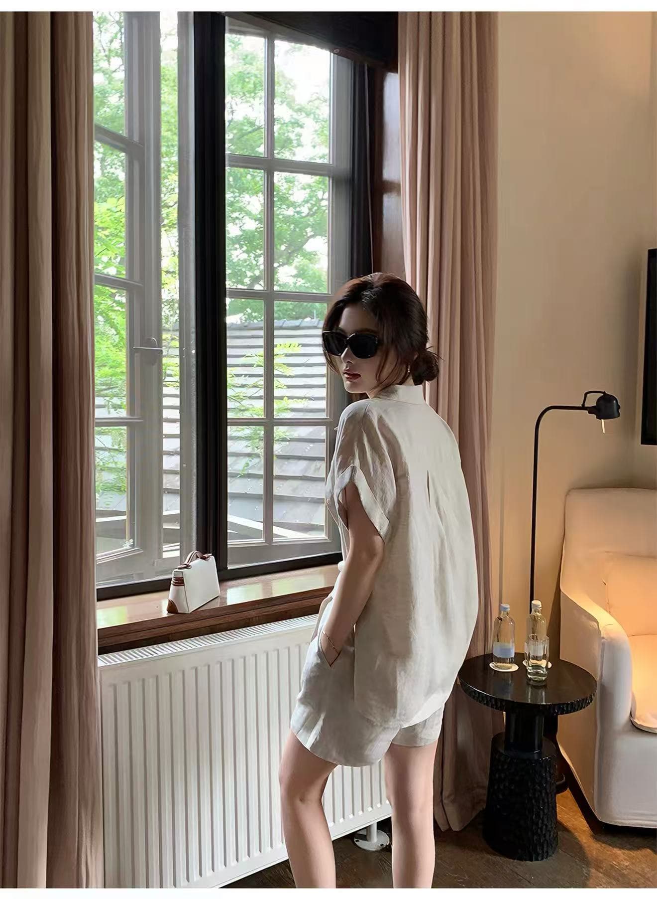 느긋한 오래된 돈 바람 1oo 아마 세트 여성 자수 반팔 셔츠 캐주얼 반바지 투피스 세트 상세 이미지 4