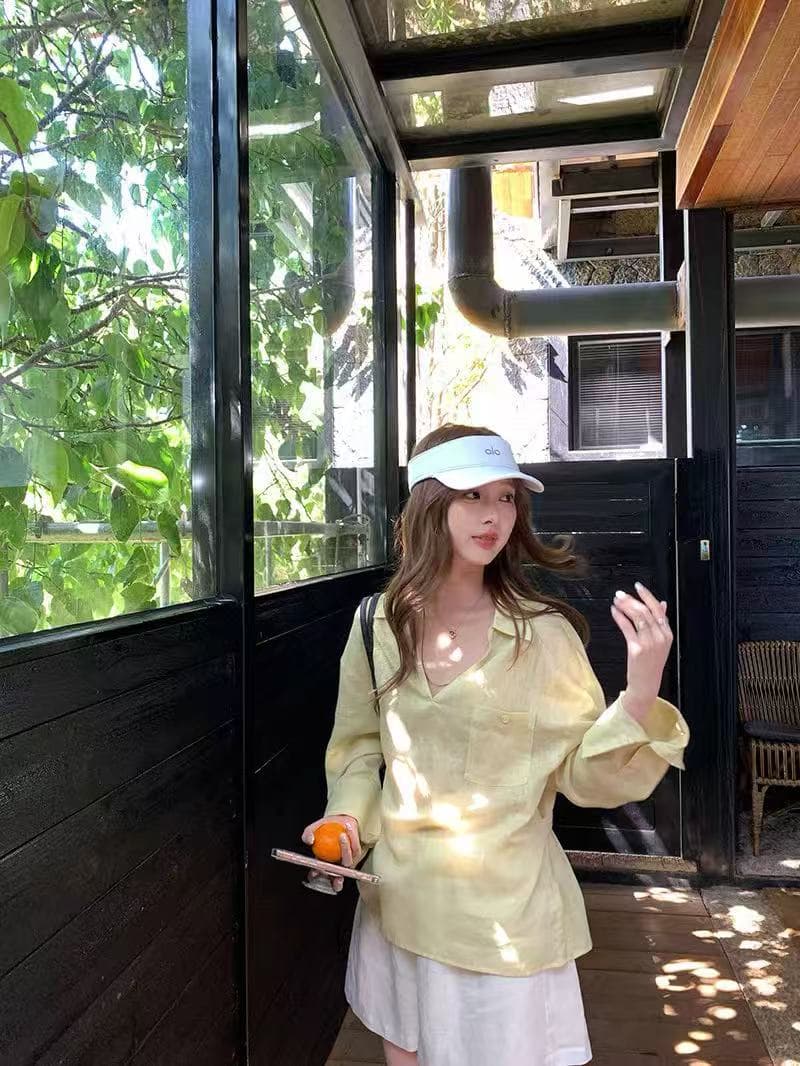 지능 유럽 니켈 컬러 짜임 아마 공기 센스 자외선 차단 긴팔 맨위 V넥 수 있습니다. 조정 허리 수축 셔츠 이미지 3