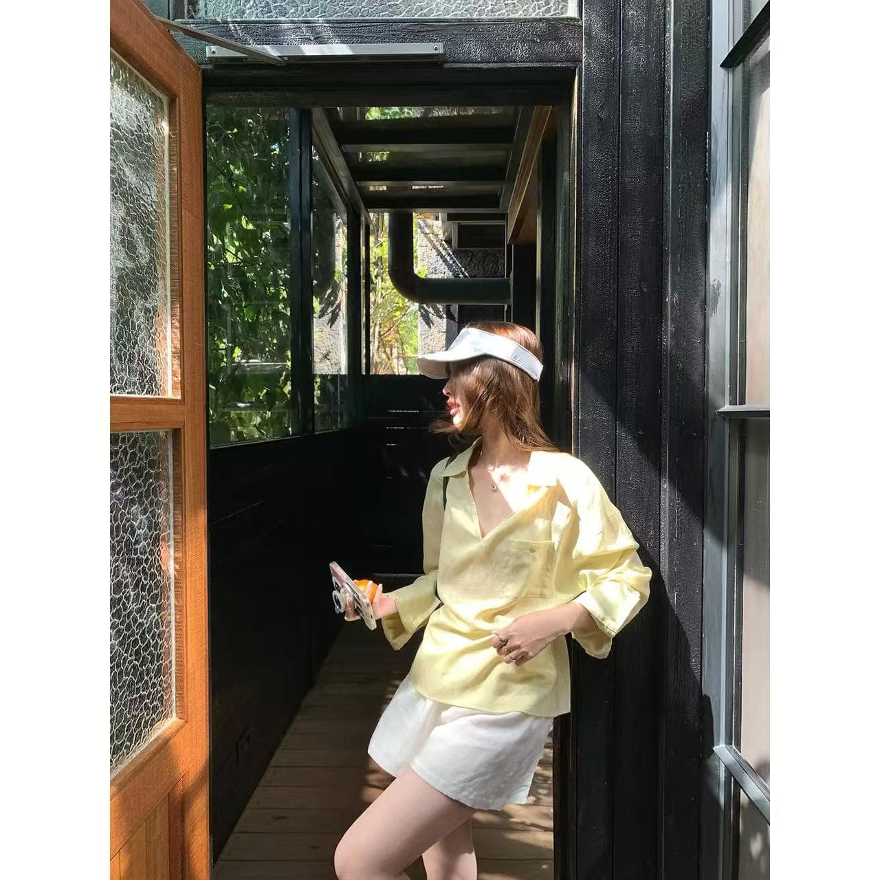 지능 유럽 니켈 컬러 짜임 아마 공기 센스 자외선 차단 긴팔 맨위 V넥 수 있습니다. 조정 허리 수축 셔츠 상세 이미지 2