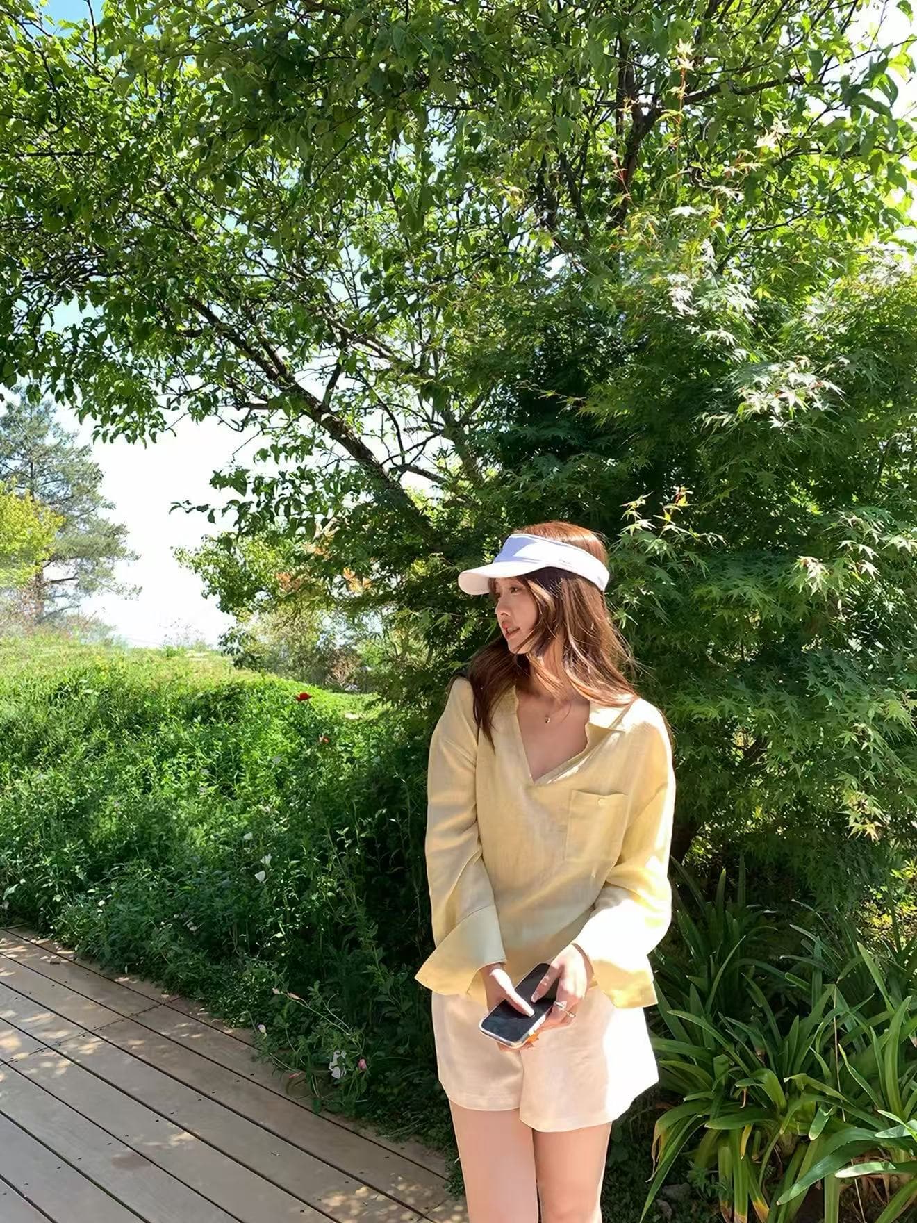 지능 유럽 니켈 컬러 짜임 아마 공기 센스 자외선 차단 긴팔 맨위 V넥 수 있습니다. 조정 허리 수축 셔츠 상세 이미지 3