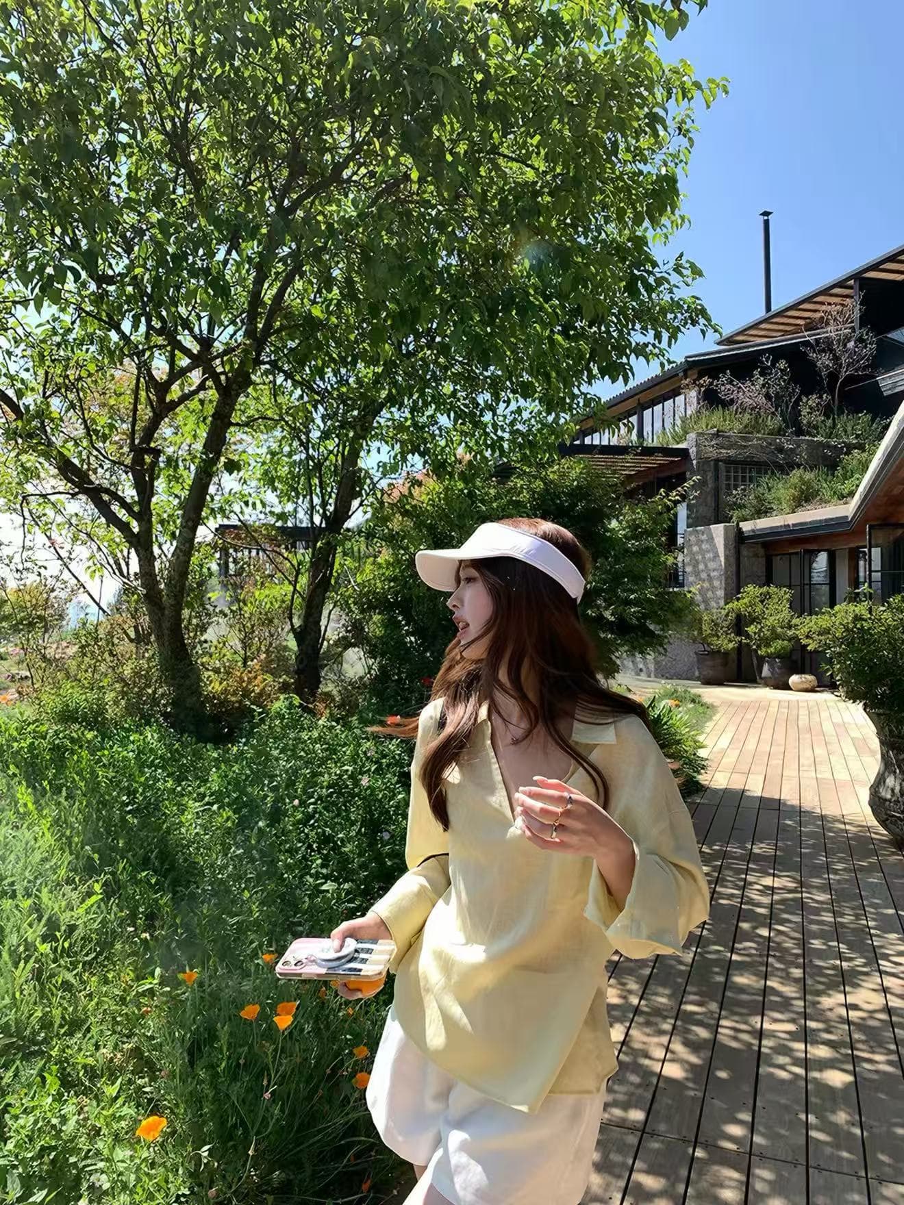 지능 유럽 니켈 컬러 짜임 아마 공기 센스 자외선 차단 긴팔 맨위 V넥 수 있습니다. 조정 허리 수축 셔츠 상세 이미지 5