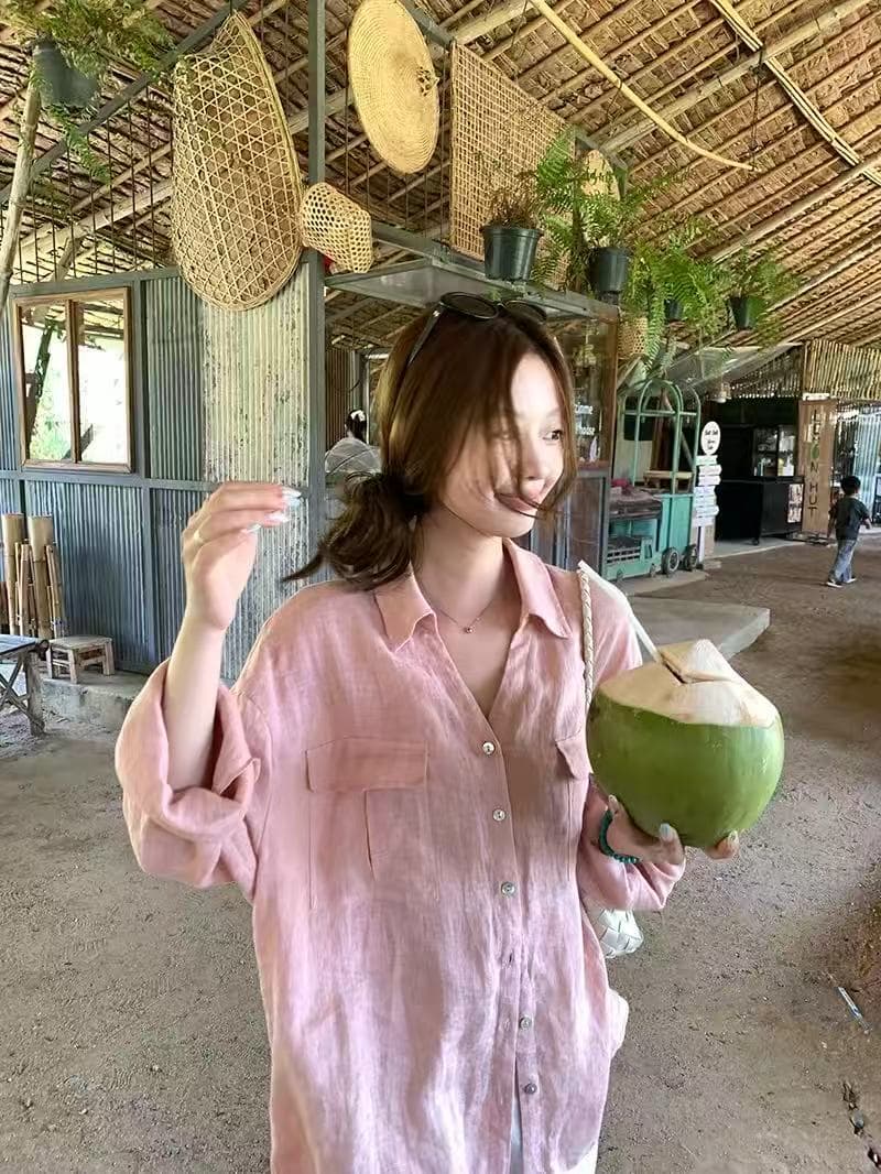 얕은 여름 산소 센스 라이 경기 서울 아마 맨위 여성 느긋한 윈디 주머니 V넥 대 에디션 자외선 차단 셔츠 이미지 4