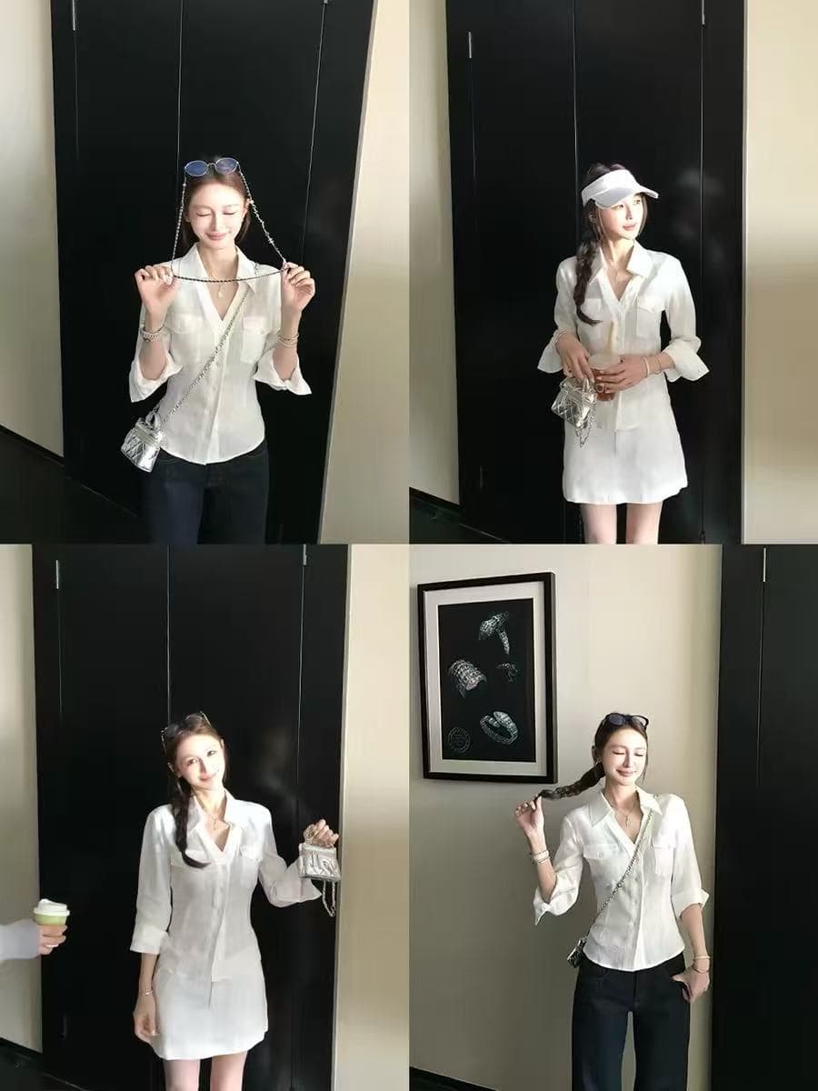 지능 산소 센스 네이티브 아마 주간 실크 오래된 돈 셔츠 반신 치마 세트 여성 봄 여름 가을 이미지 4