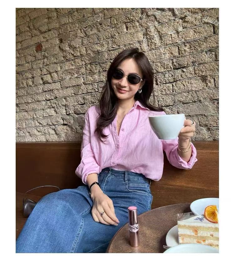 사랑 셔츠 아마 클래식 오래된 돈 바람 맨위 V넥 단색 루즈핏 여성 셔츠 이미지 2