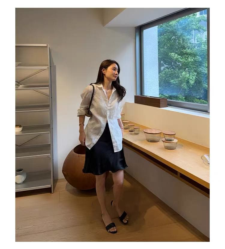 사랑 셔츠 아마 클래식 오래된 돈 바람 맨위 V넥 단색 루즈핏 여성 셔츠 이미지 3