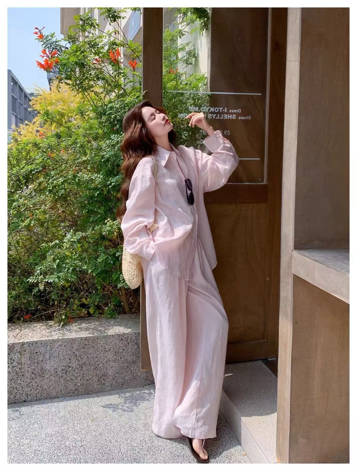 핑크색 셔츠 캐주얼 바지 세트 여성 여름 2026 새로운 슬림해 보이는 패션 품격 폭발 투피스 세트 상세 이미지 7