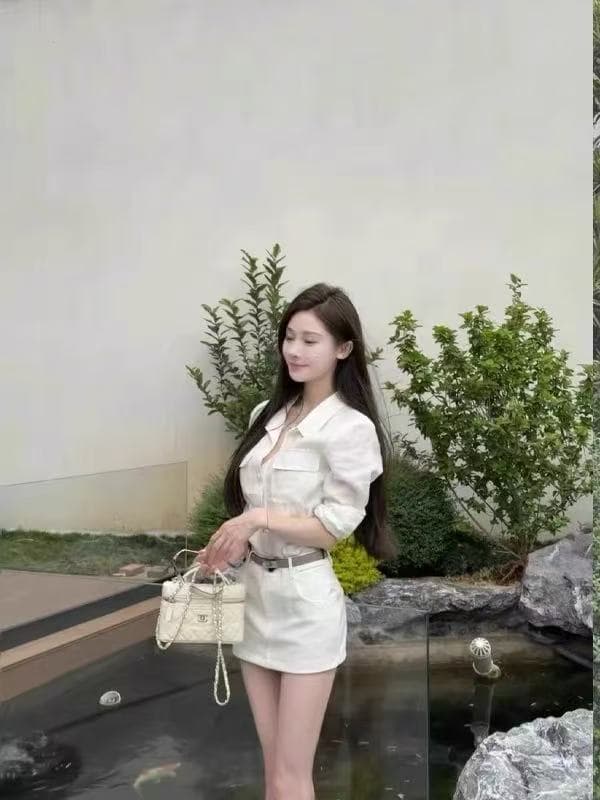 한 부서 작은 샤넬 스타일 화이트 긴팔 셔츠 2026 년 여름 작은 대중 디자인 센스 타이트 스커트 치마 세트 여성 이미지 3