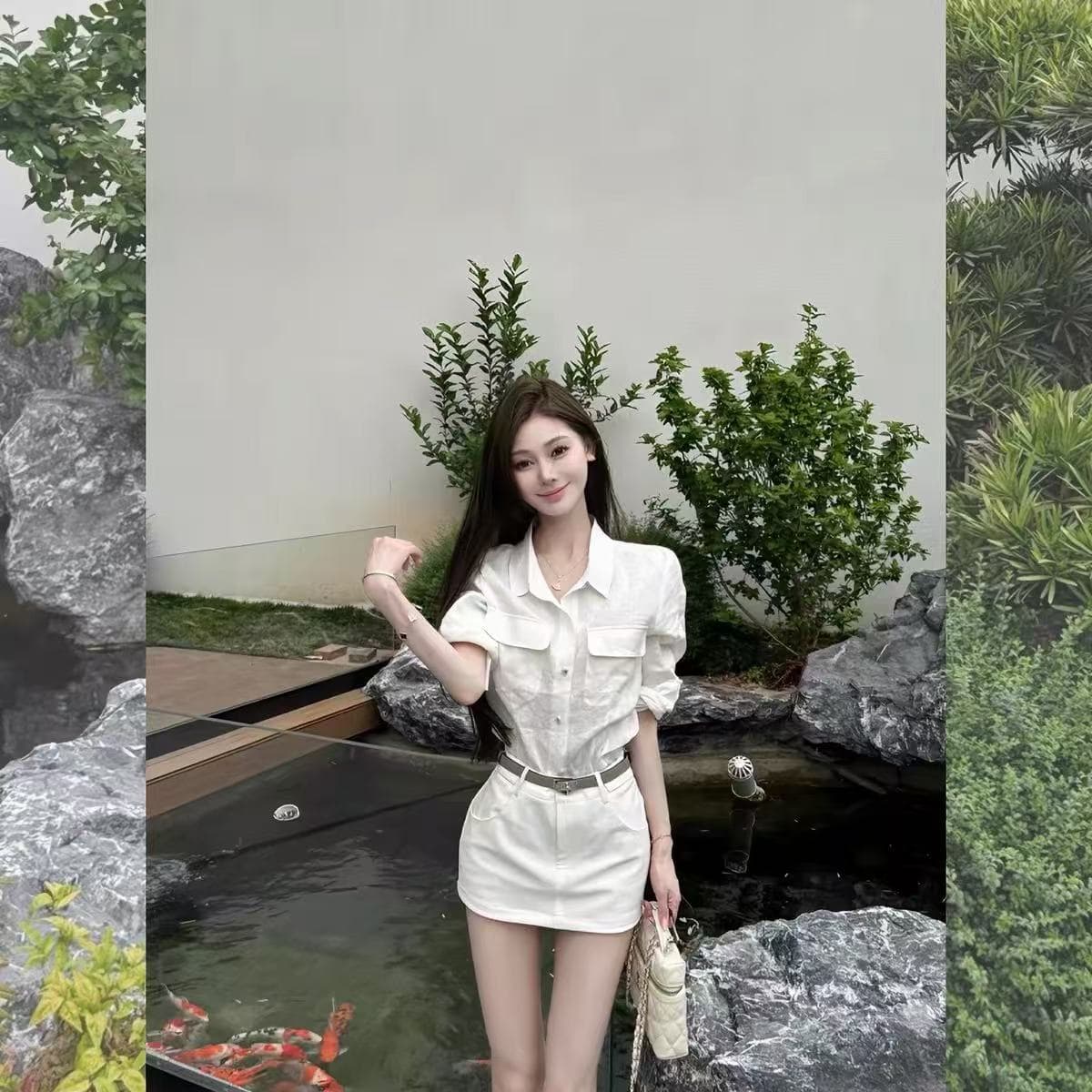 한 부서 작은 샤넬 스타일 화이트 긴팔 셔츠 2026 년 여름 작은 대중 디자인 센스 타이트 스커트 치마 세트 여성 상세 이미지 4