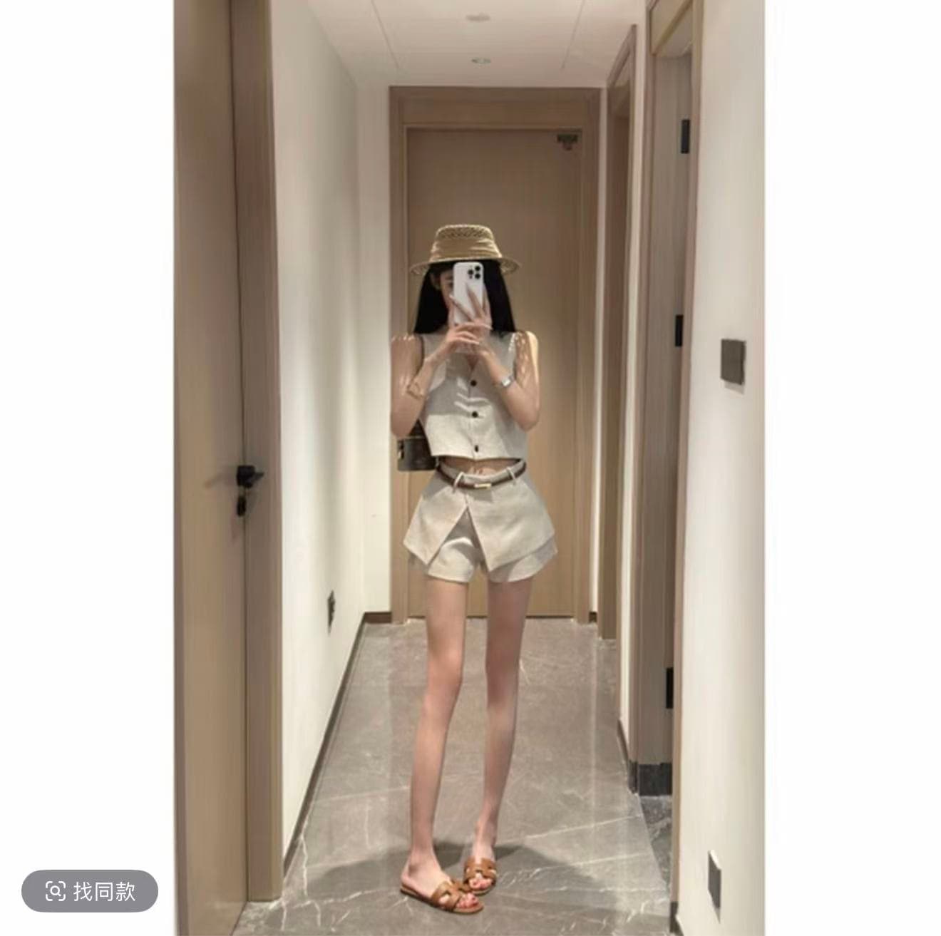 오래된 돈 바람 고급 센스 베스트 맨위 한 마디 치마바지 세트 여름 빛 사람들 높음 지혜 센스 착용 가져 가라. 전체 집합 미니 스커트 이미지 2